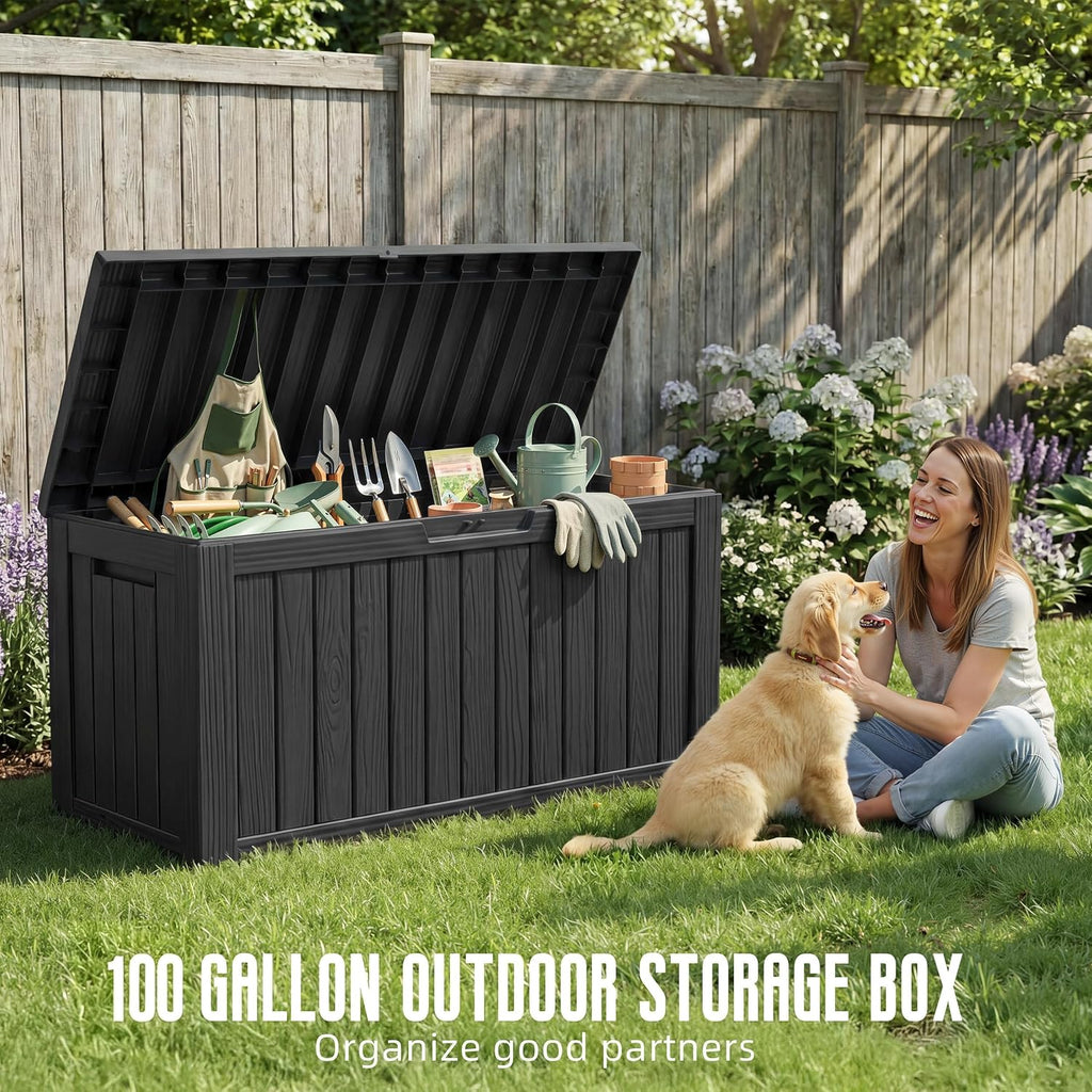 drato 100 gallon waterproof deck box outdoor storage shown in use