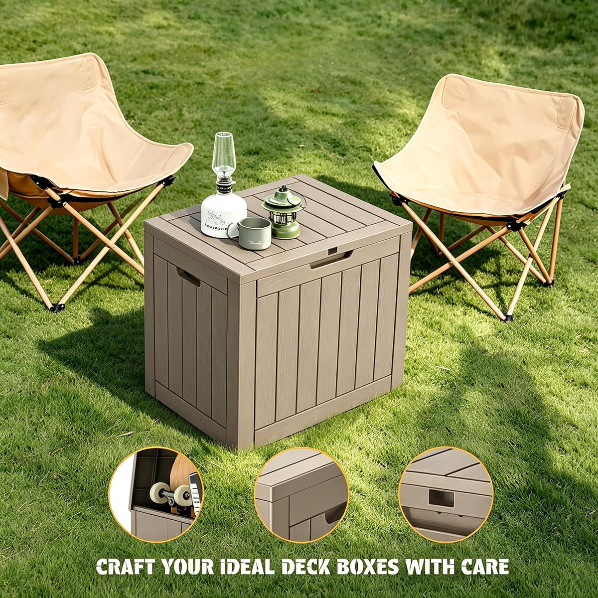 32 gal outdoor storage box waterproof lockable,deck box,medium shown in use