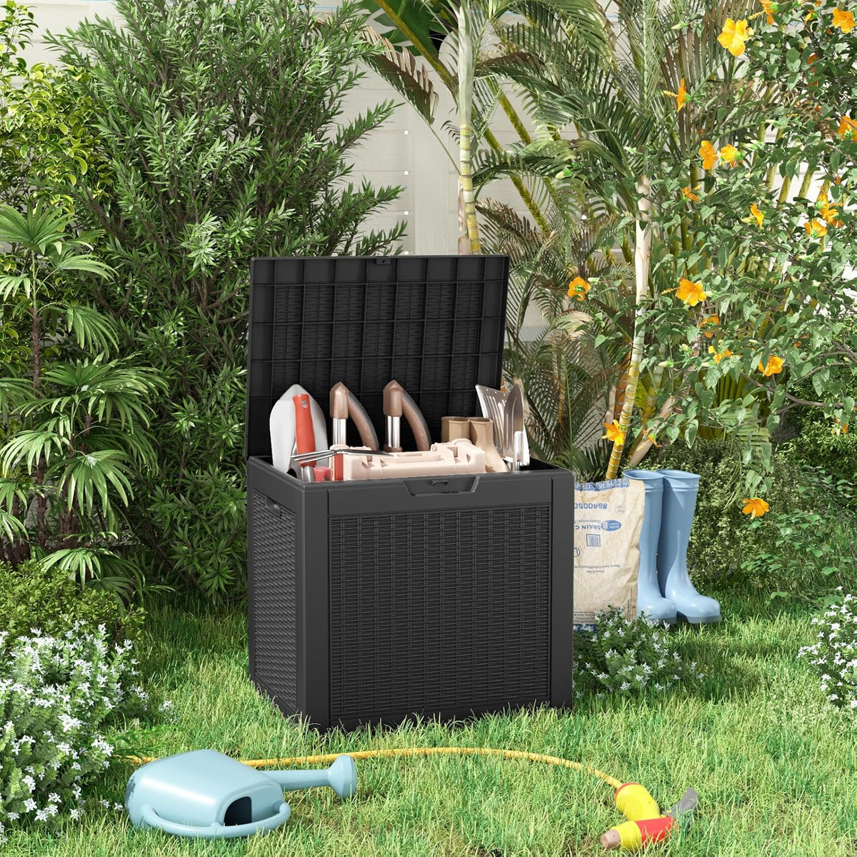 patiozen 31 gallon wicker pattern resin deck box on a desk or shelf