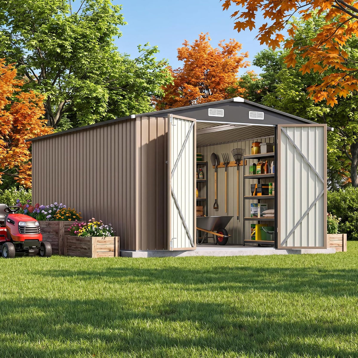 JUMMICO 10x12 FT Outdoor Storage Shed, Heavy Duty Metal Shed with Lockable Door&Slooping Roof, Tool Shed for Garden Backyard Patio(Brown)