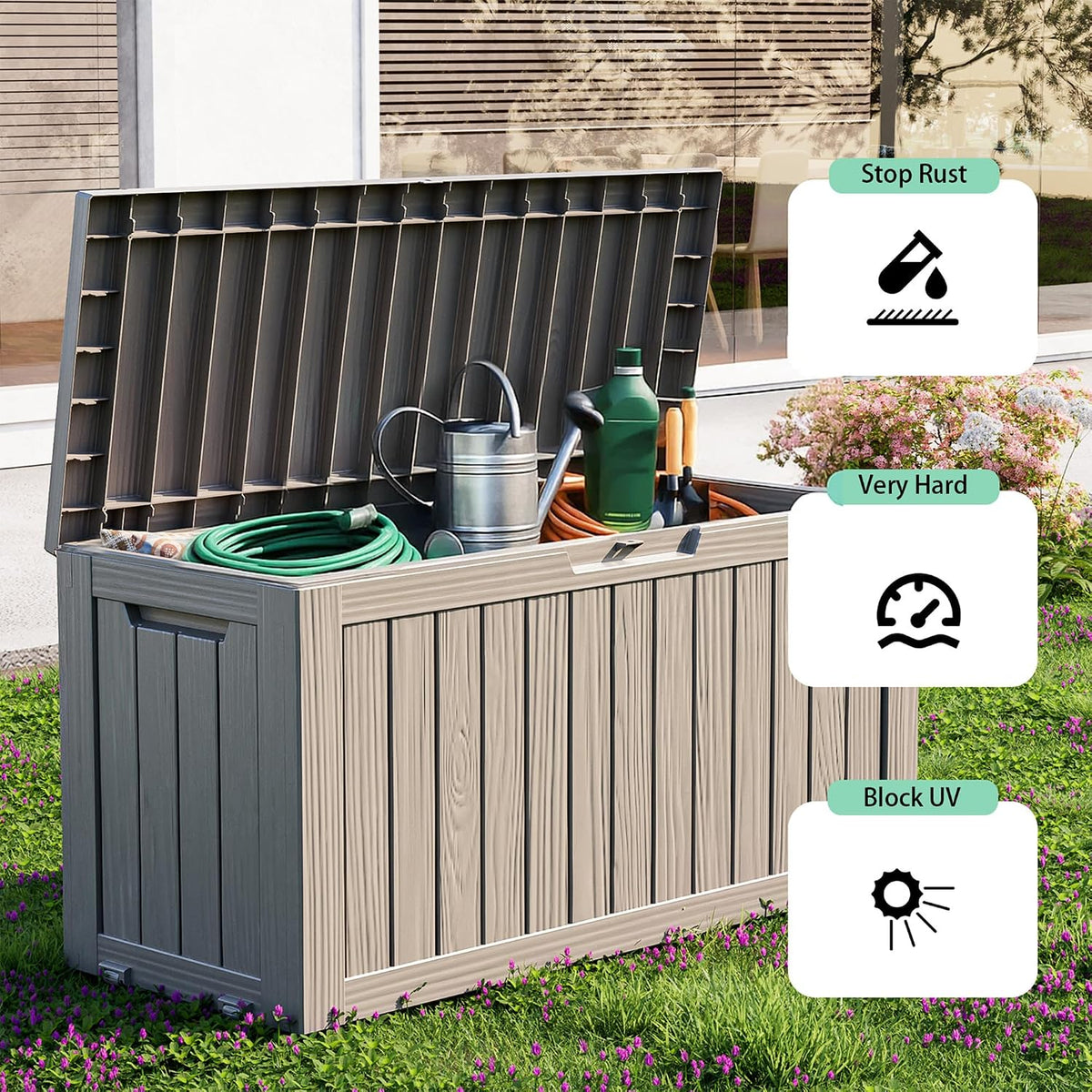 patiozen 75 gallon outdoor deck box,waterproof resin outdoor on a desk or shelf