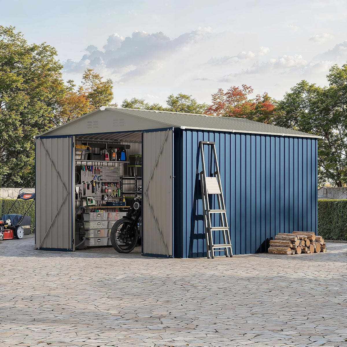 Garvee 10x10 FT Metal Storage Shed – Lockable Doors, Floor Frame, Blue