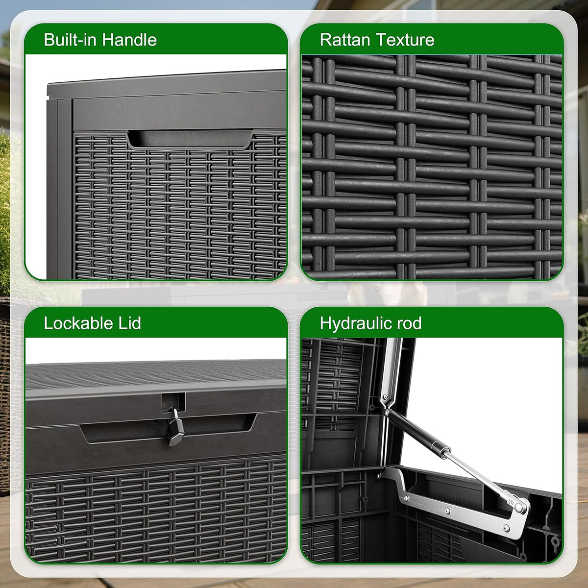 120 gallon outdoor deck box, lockable waterproof outdoor, side view