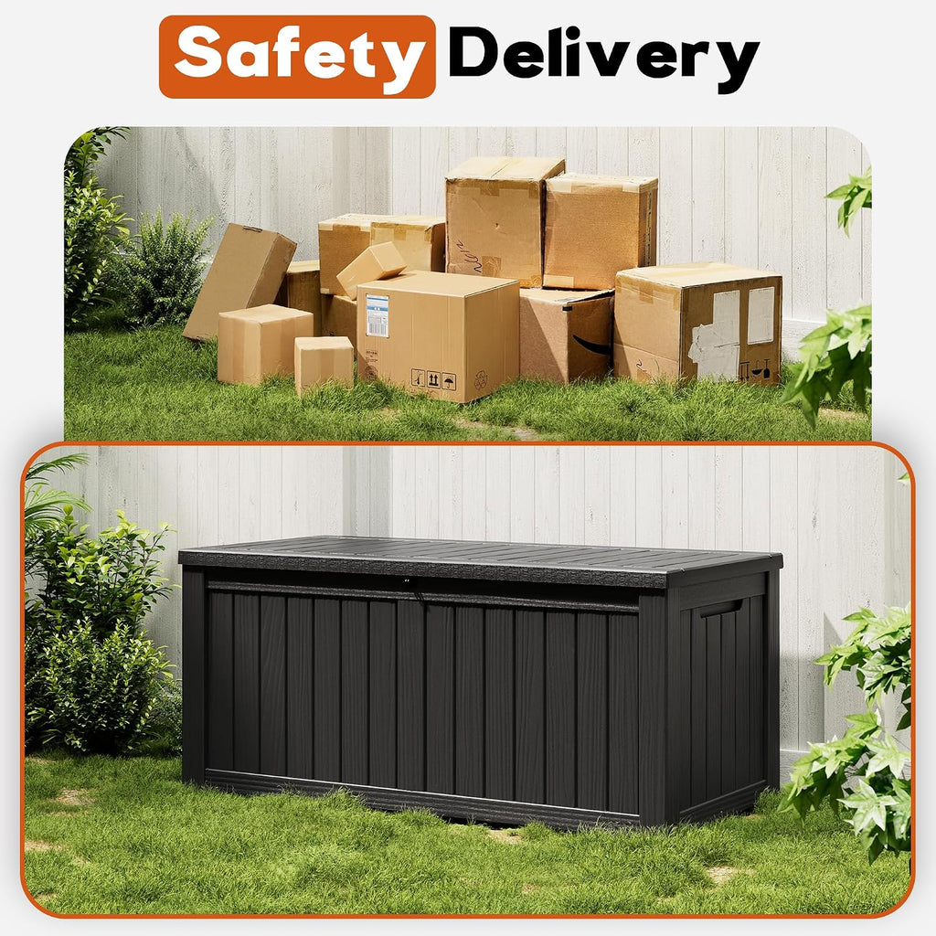 waterproof outdoor storage box, resin patio organizer,300 gal,black showing dimensions