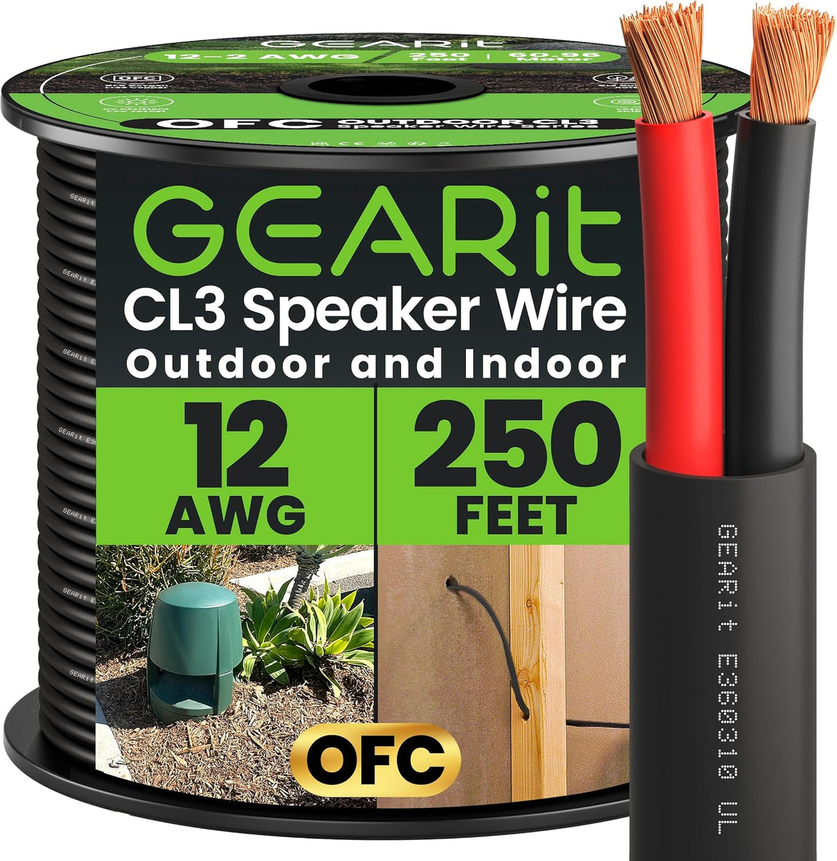 GEARit Outdoor Speaker Wire CL3 Rated, 12 Gauge Speaker Wire, Speaker Cable 250