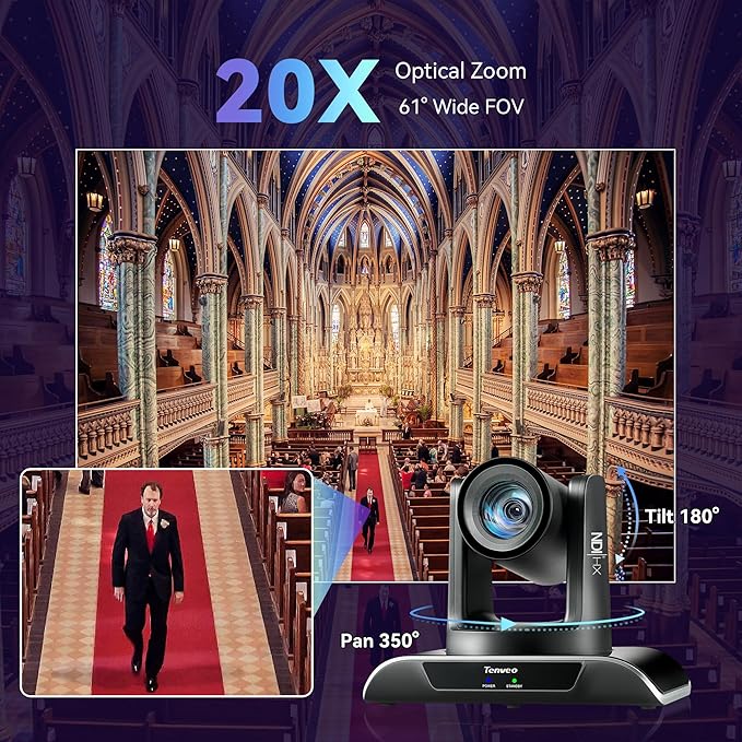 Tenveo NDI PTZ Camera AI Humanoid & Face Auto-Tracking, HDMI/LAN/USB3.0 PoE PTZ