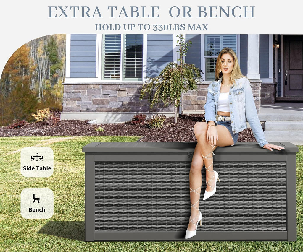 300 gal deck box, outdoor storage box waterproof, side view