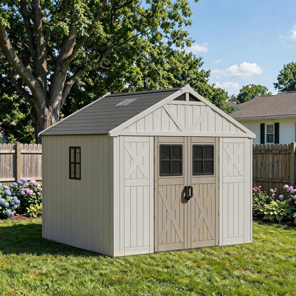 devoko 10x8 ft resin storage shed with floor showing dimensions