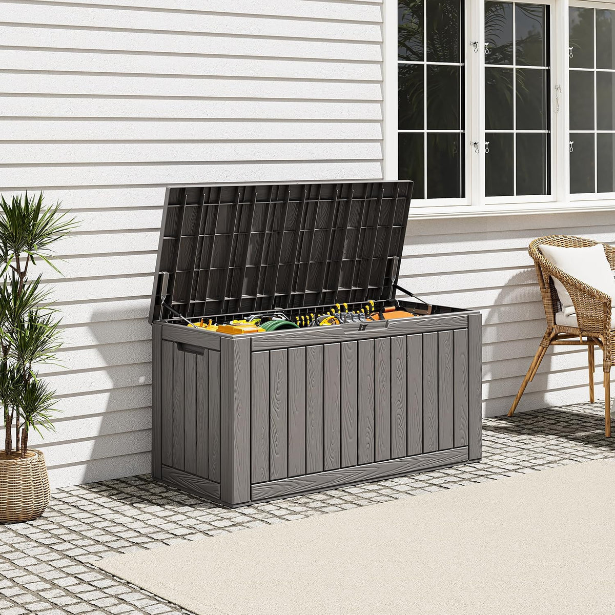 resin outdoor deck storage box waterproof (grey, 120, side view