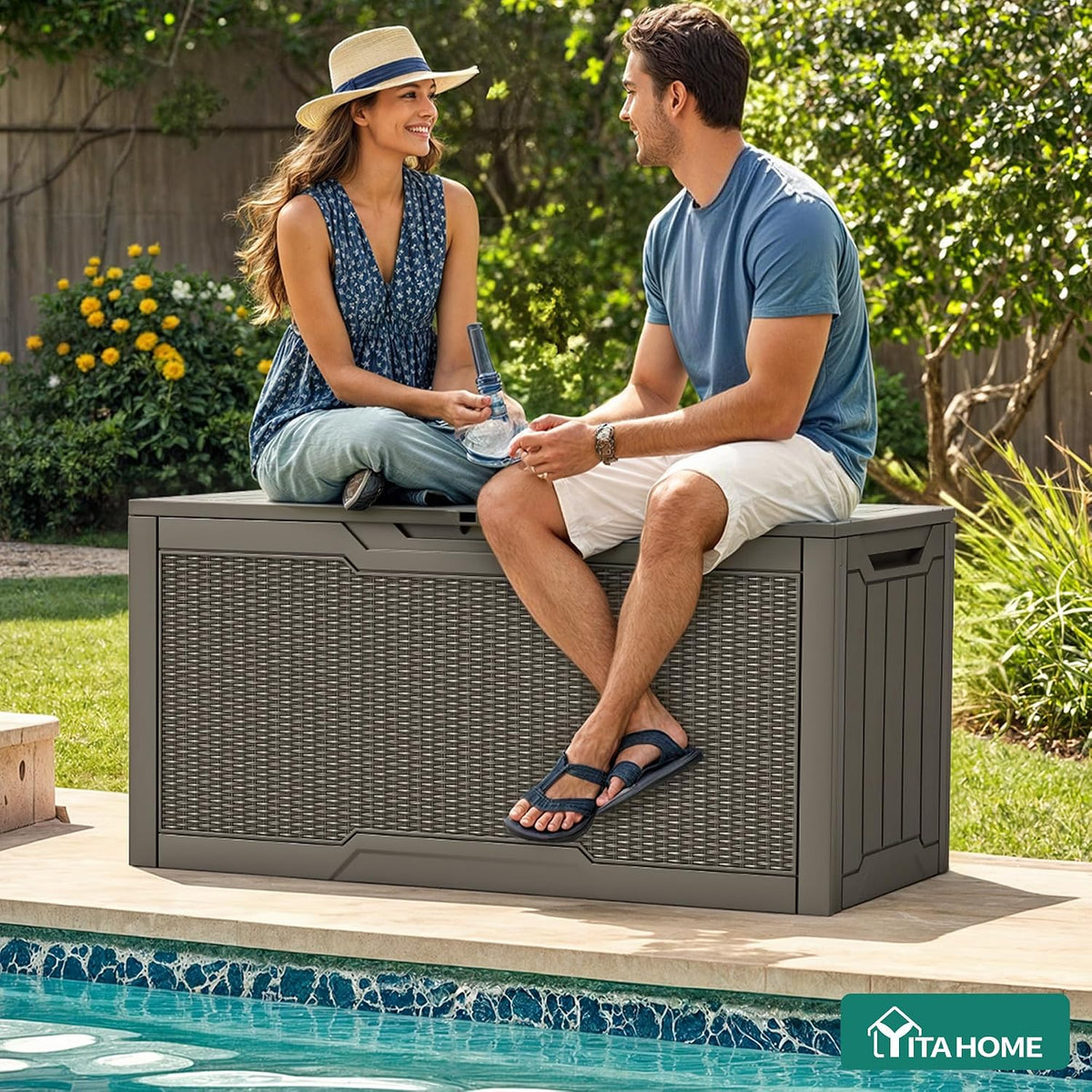 yitahome 80 gallon resin deck box shown in use