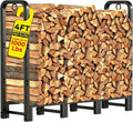 Amagabeli 4ft Firewood Rack Stand Adjustable Indoor Outdoor Fireplace Log Holder Heavy Duty Metal Wood Pile Storage Organizer Wrought Iron Lumber Stacker for Patio Black