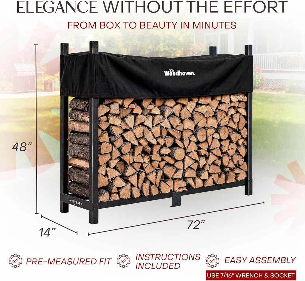woodhaven 6-foot raised firewood rack black w/cover, 1/3, side view
