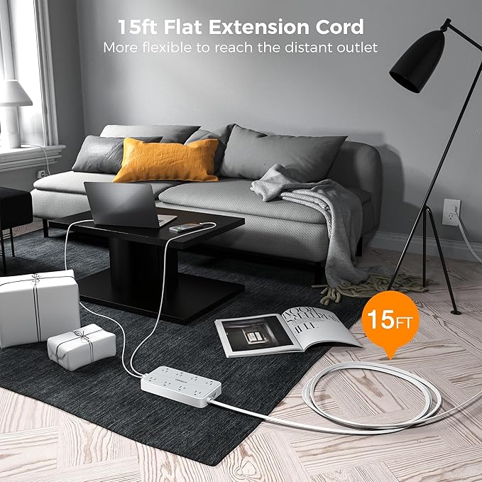 Flat Plug 15 FT Extension Cord, TESSAN Surge Protector Power Strip