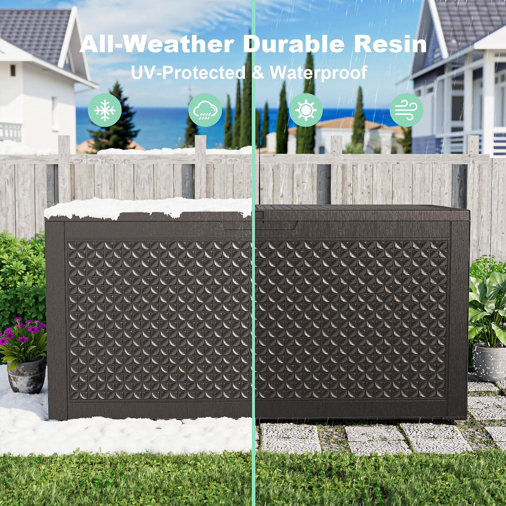 patiozen 110 gallon resin deck box, lockable patio on a desk or shelf