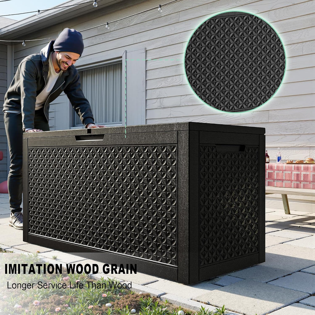 rojik 110 gallon deck box outdoor, waterproof outdoor shown in use