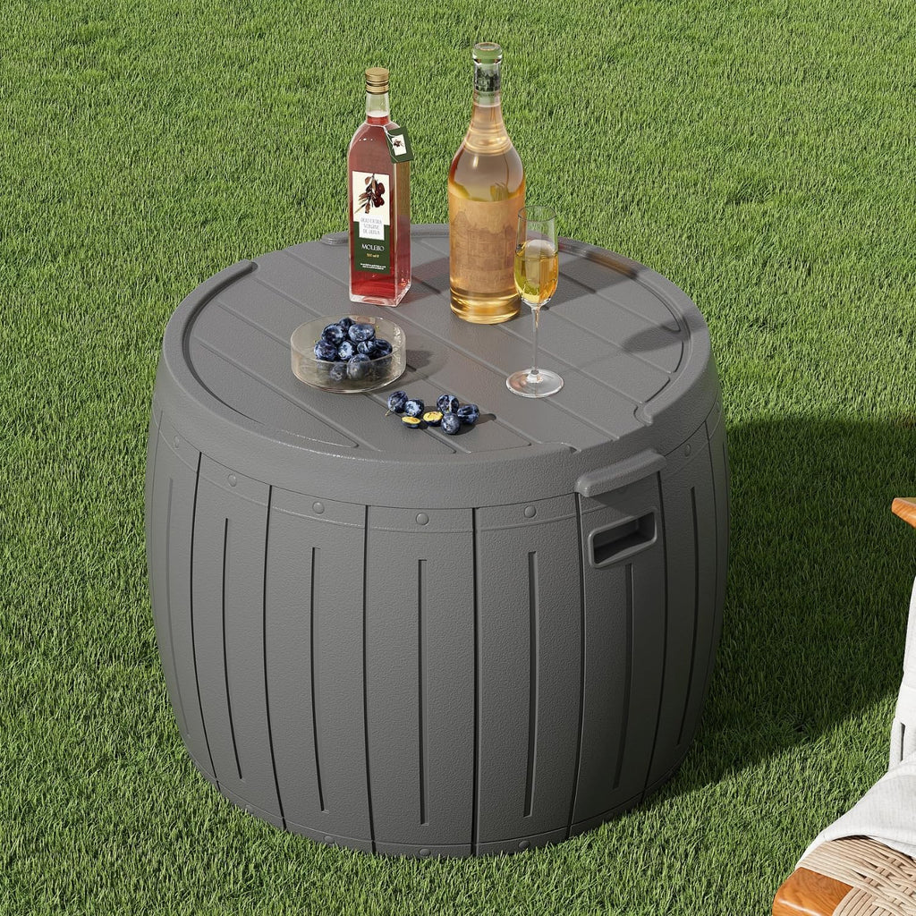 ZZM 33 Gallon Round Deck Box, Patio Side Table for Cushion, Picnic Bucket, Small Bench Seat, All-Weather & Portable, Gray
