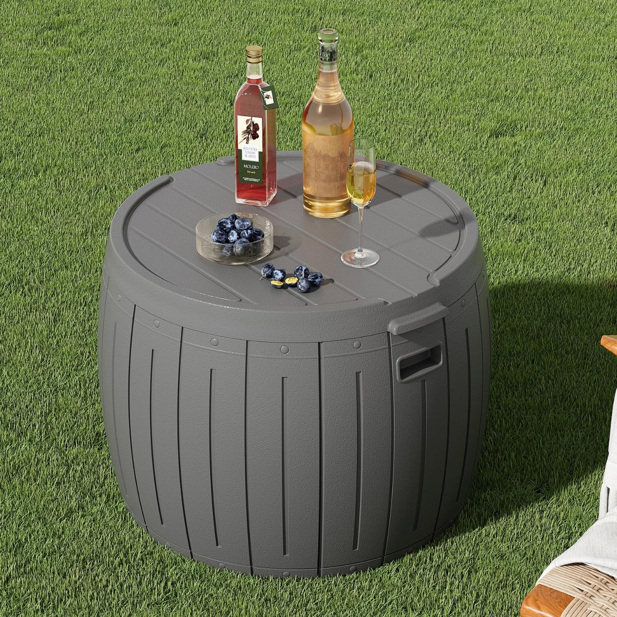 ZZM 33 Gallon Round Deck Box, Patio Side Table for Cushion, Picnic Bucket, Small Bench Seat, All-Weather & Portable, Gray