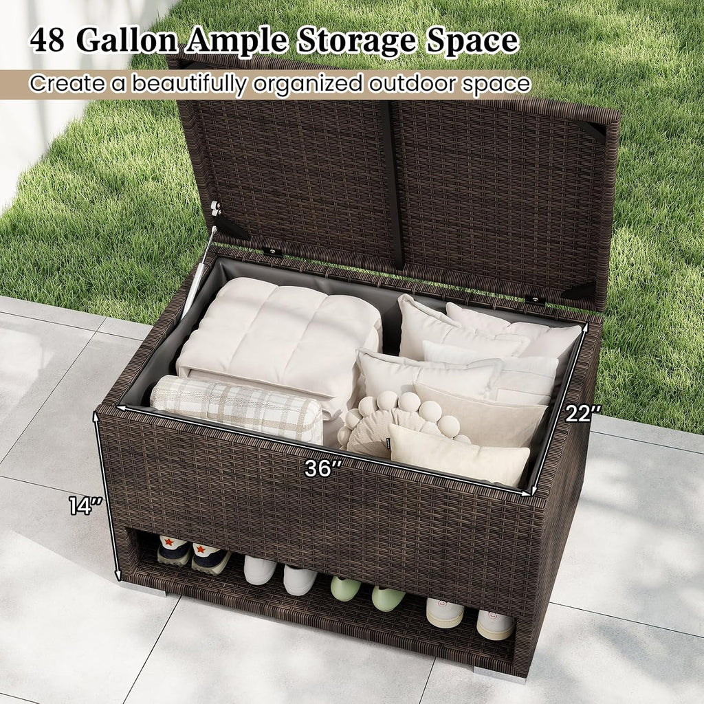 Tangkula 48 Gallon Rattan Outdoor Storage Box with Shoe Rack, Outdoor Storage Bin with Protective Liner, PE Wicker Deck Box for Patio Cushion Furniture, Pool Supplies and Garden Tools (48 Gallon)
