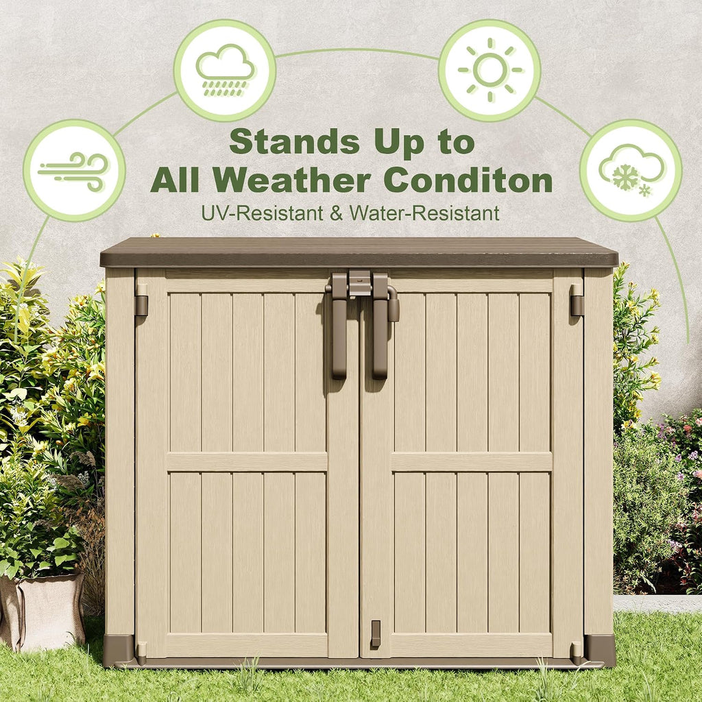 plastic outdoor storage shed, 36 cu ft waterproof shown in use