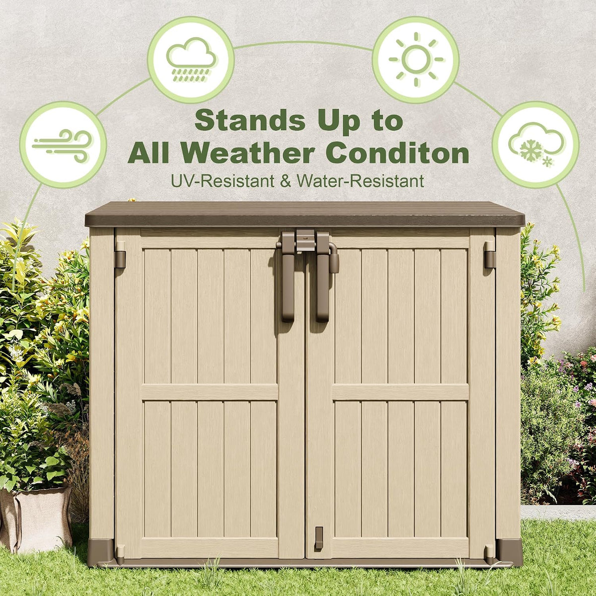 plastic outdoor storage shed, 36 cu ft waterproof shown in use