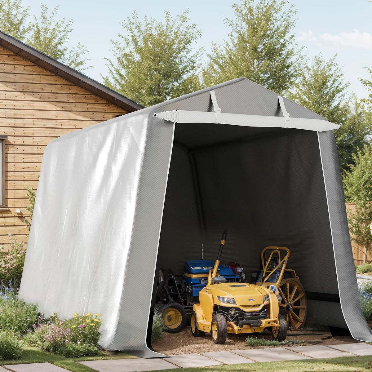 JAMFLY Carport, 6x6FT Carports Waterproof Outdoor Storage Shed Tent UV Resistant Canopy with Roll-Up Door Portable Garage Shelter for Motorcycle Bike Lawn Mower Tools, Grey