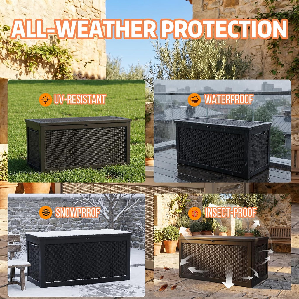 vixzen 320 gallon deck box, lockable waterproof resin showing dimensions