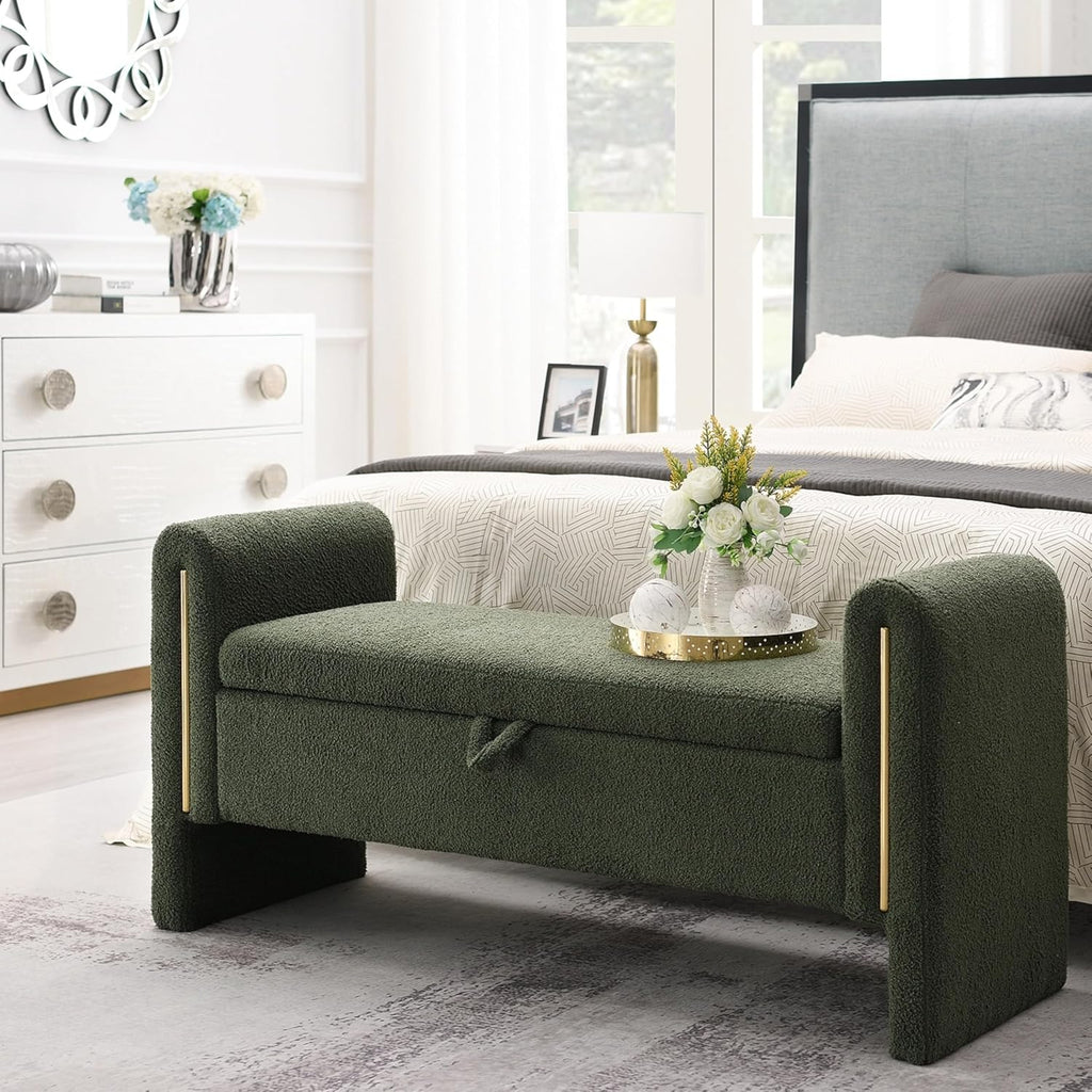 Christopher Knight Home Upholstered Storage Ottoman, Teddy Fabric Bench with Solid Wood Legs, Comfortable Foot Rest Stool, Storage Bench for Bedroom End of Bed, Living Room, Dining Room, Green