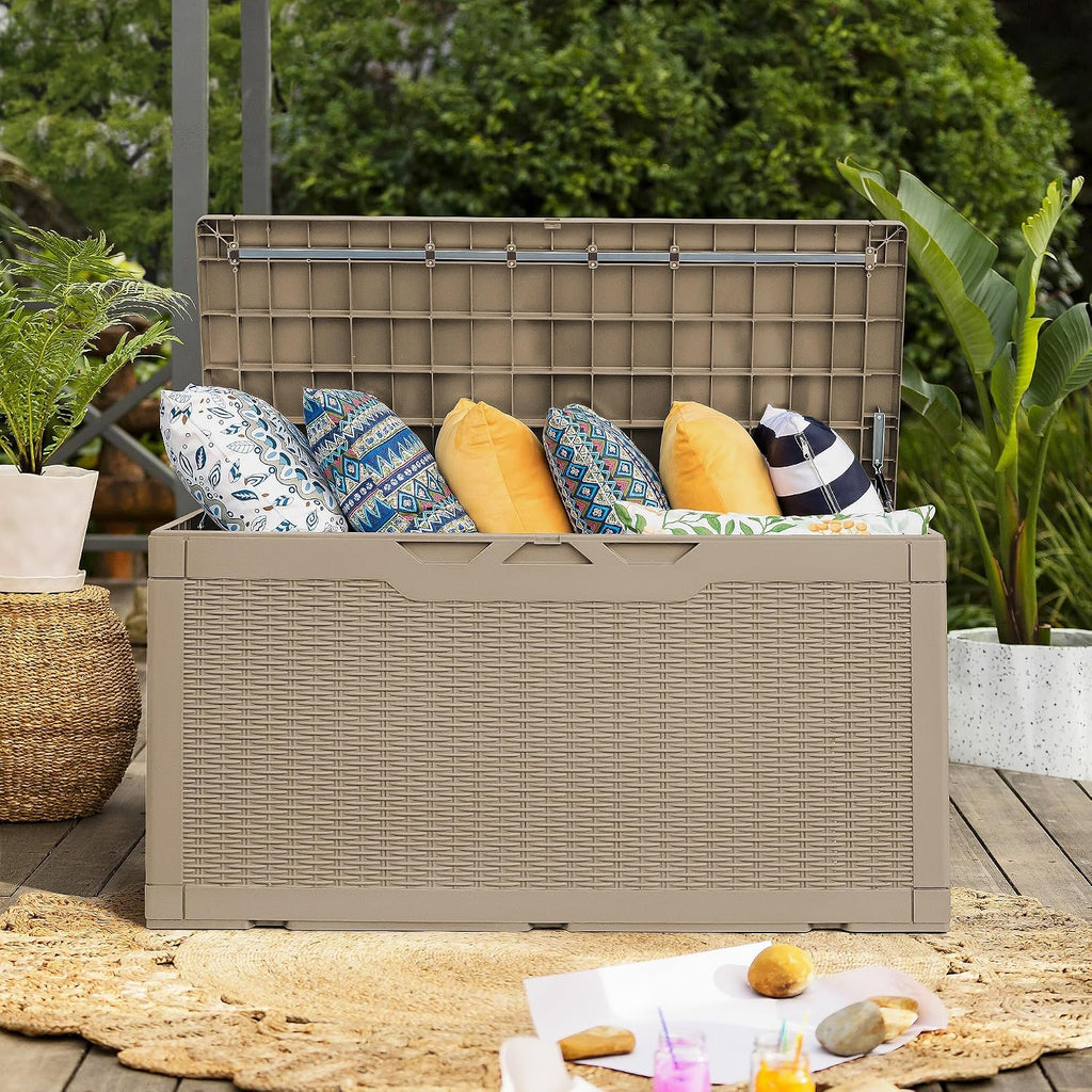 flamaker 105 gallon deck box waterproof, outdoor storage showing dimensions