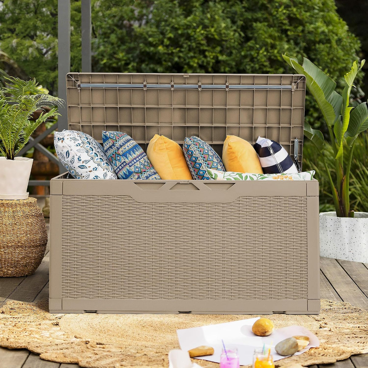 flamaker 105 gallon deck box waterproof, outdoor storage showing dimensions