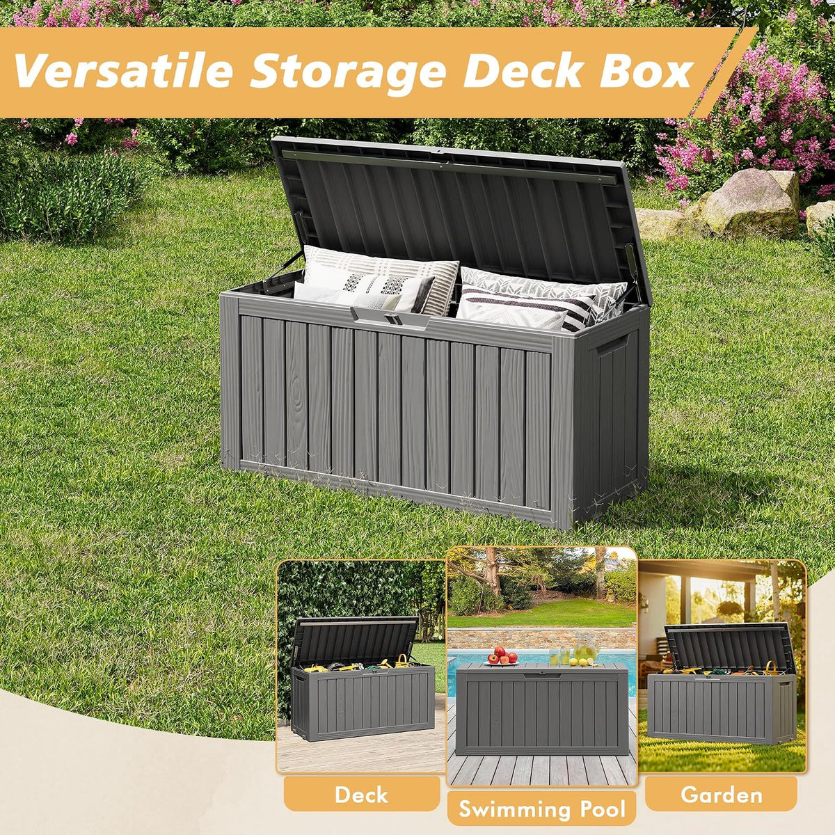 fancyango 90 gallon large outdoor storage deck box showing dimensions