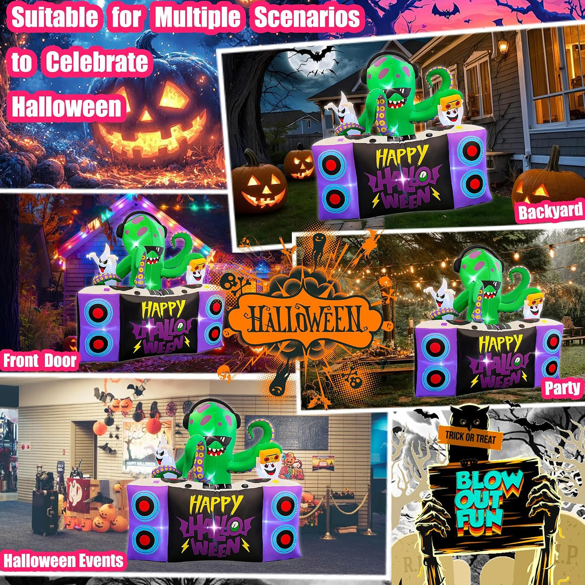 BLOWOUT FUN 6FT Halloween Inflatables DJ Octopus Playing Music on Turntable