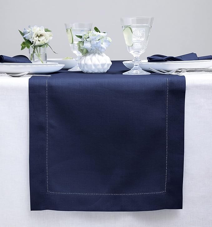 Solino Home Linen Navy Blue Table Runner 60 Inches - Classic Hemstitch, 100% Pure Linen Coffee Table Runner 14 x 60 Inch Ideal for Dresser Tables - Fall, Autumn, Halloween, Thanksgiving, Christmas