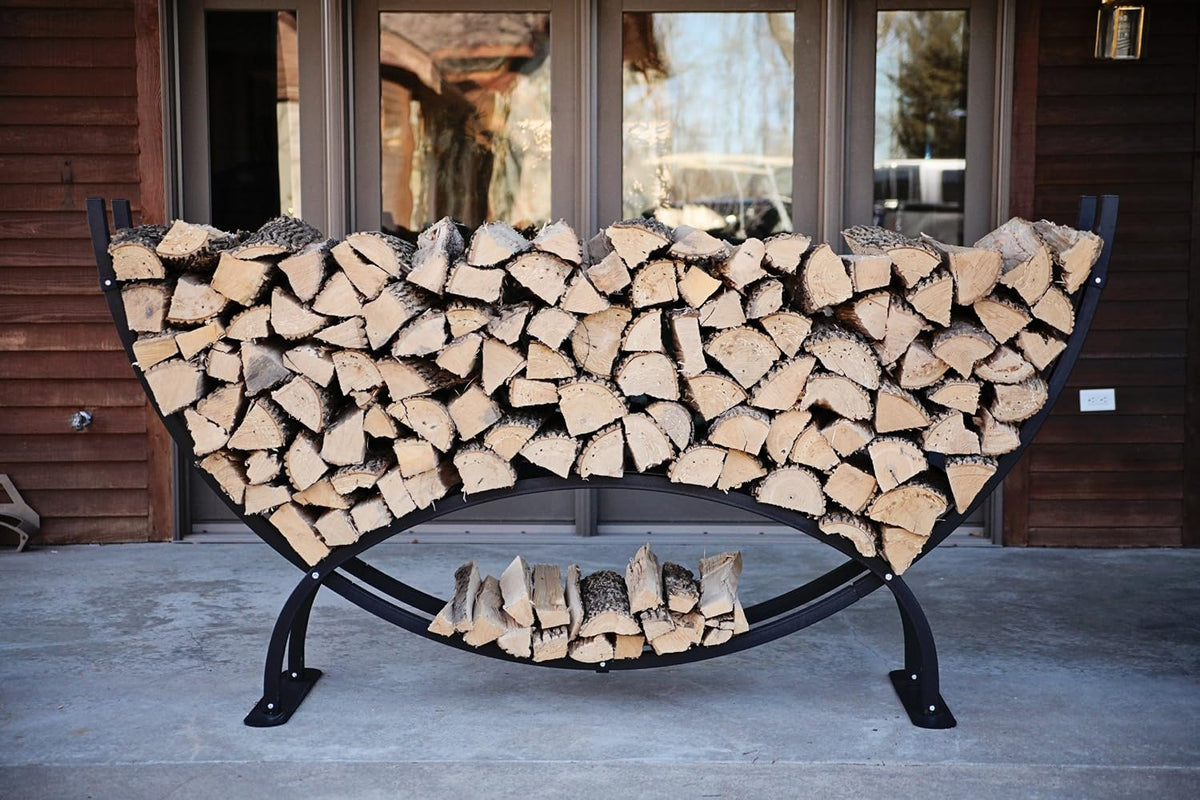 woodhaven large crescent outdoor firewood rack with cover, side view