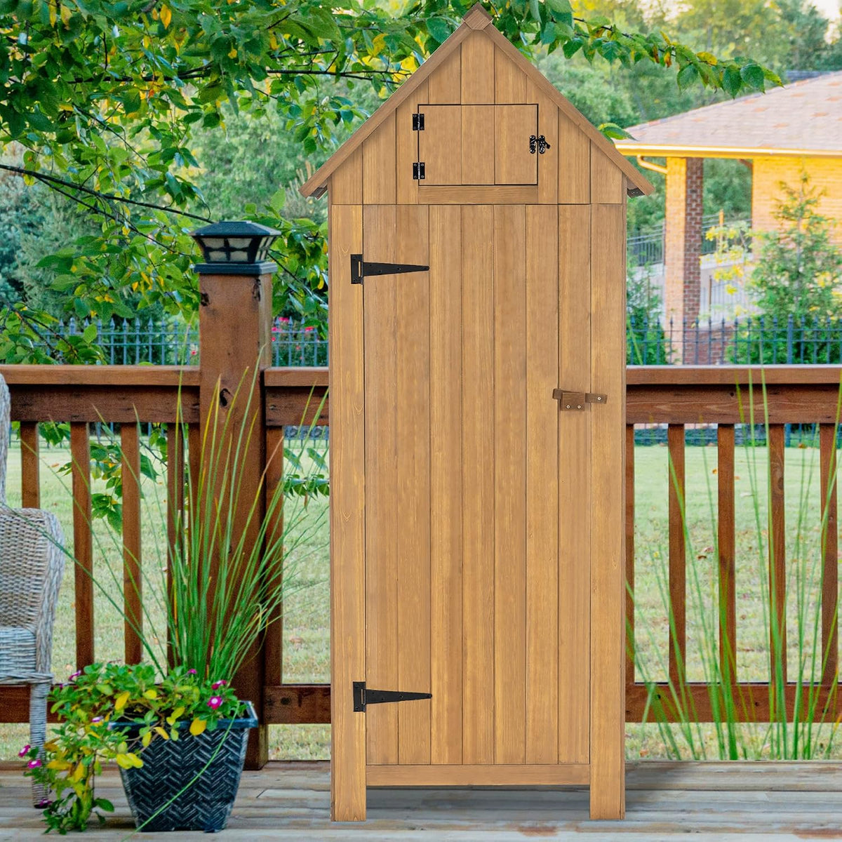 mcombo outdoor storage cabinet with shelves, wooden outside shown in use