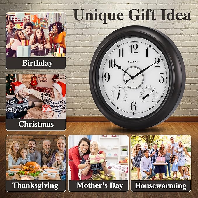 CLXEAST Illuminated Indoor Outdoor Clocks Waterproof 18 inch