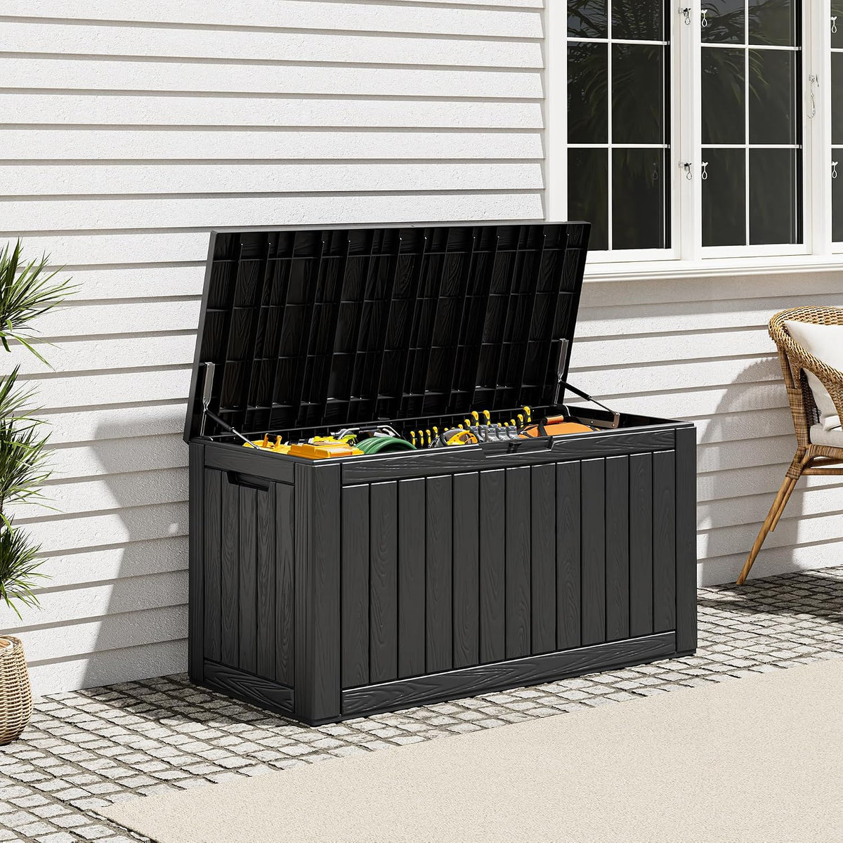 resin outdoor deck storage box waterproof (black, 120 showing dimensions