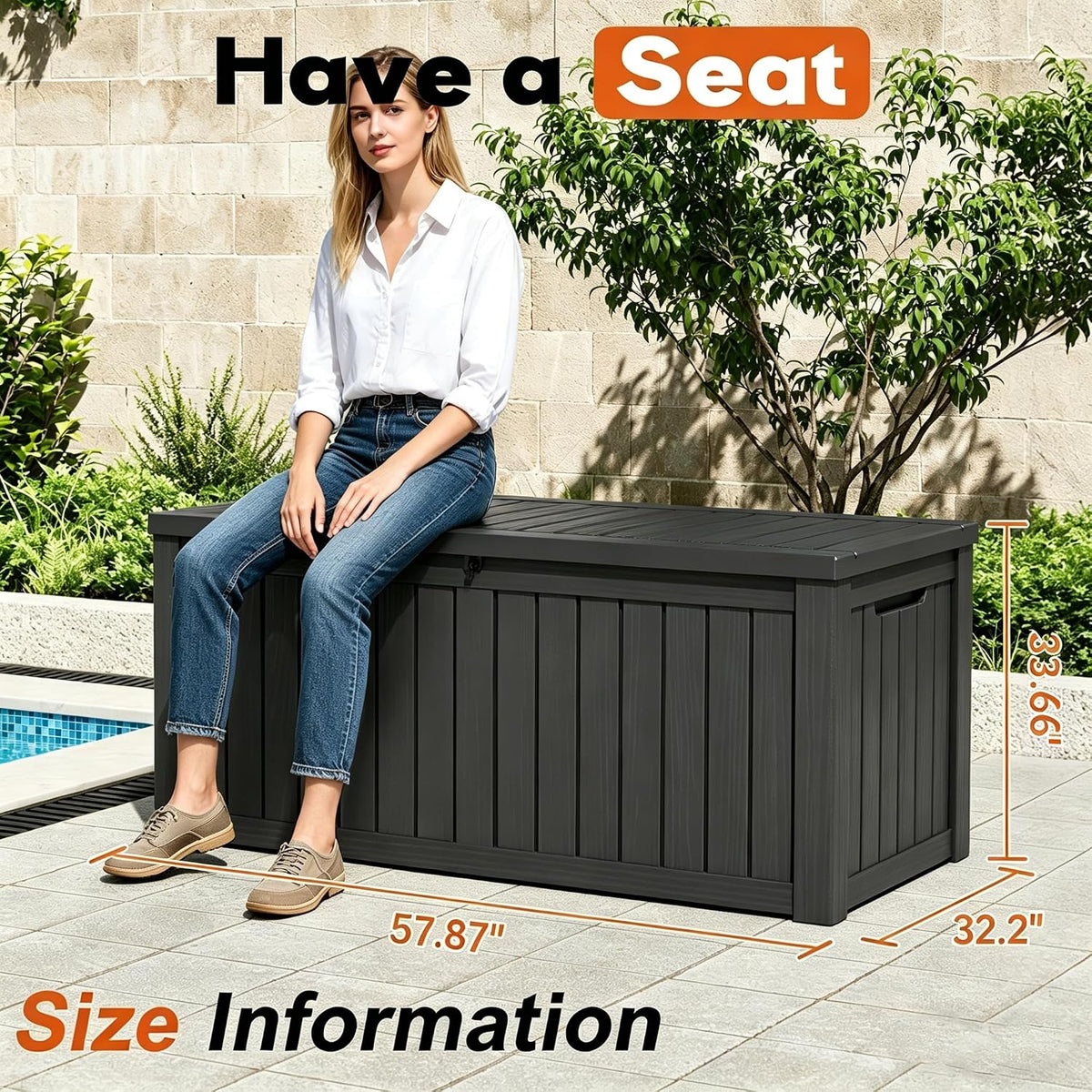 waterproof outdoor storage box, resin patio organizer,300 gal,black shown in use