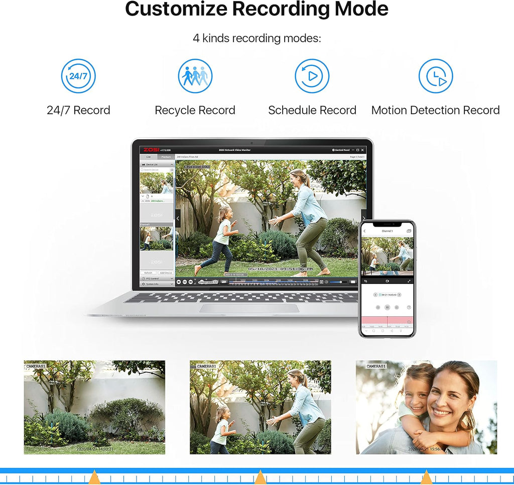 zosi 1080p home security camera system, 4x wired showing dimensions