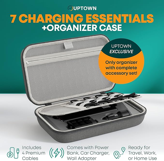 Uptown 7- Piece Travel Charging Tech Bundle – 10, 000mAh Portable Charger