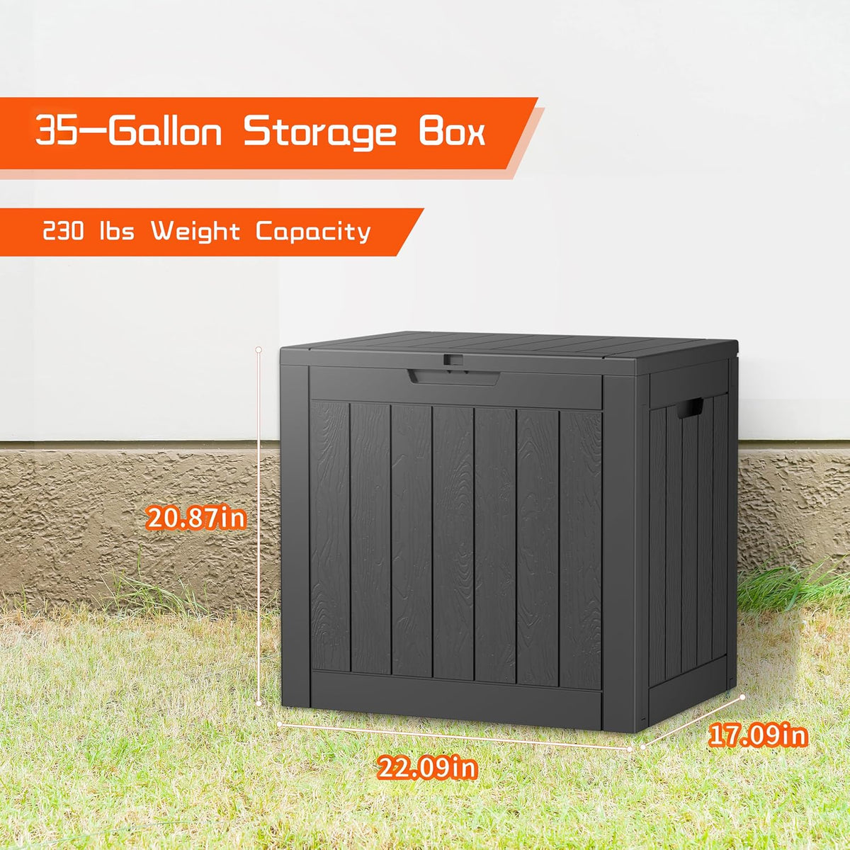 35 gallon outdoor storage box, large resin deck showing dimensions