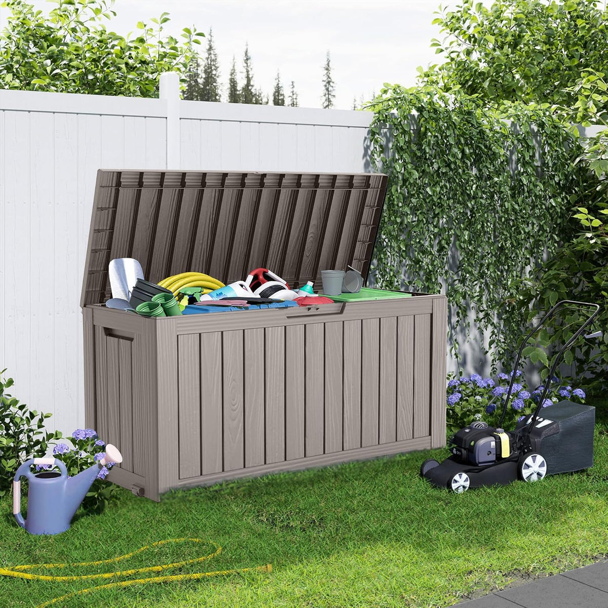 patiozen 75 gallon resin deck box, lockable patio, close-up detail