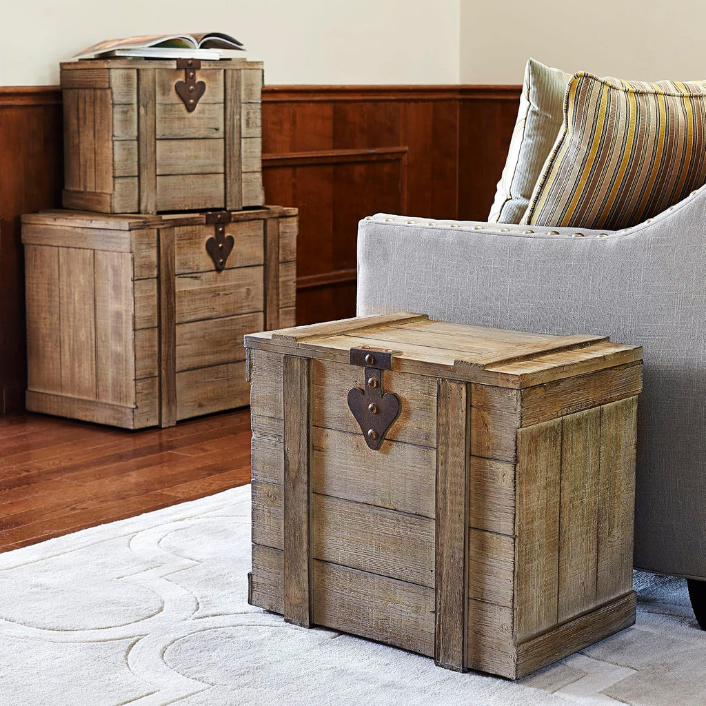 household essentials medium antiqued decorative trunk, gray finish shown in use