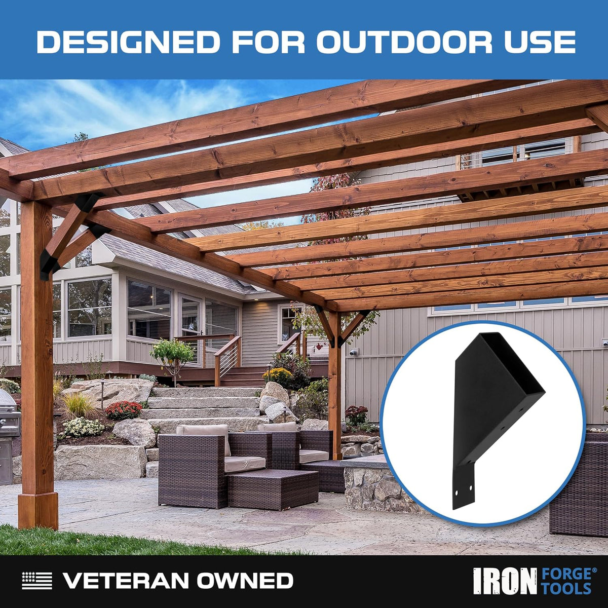 iron forge tools pergola brackets, 2x4 corner kit on a desk or shelf