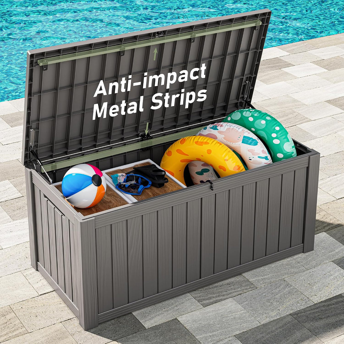 resin outdoor deck storage box waterproof (grey, 150 showing dimensions