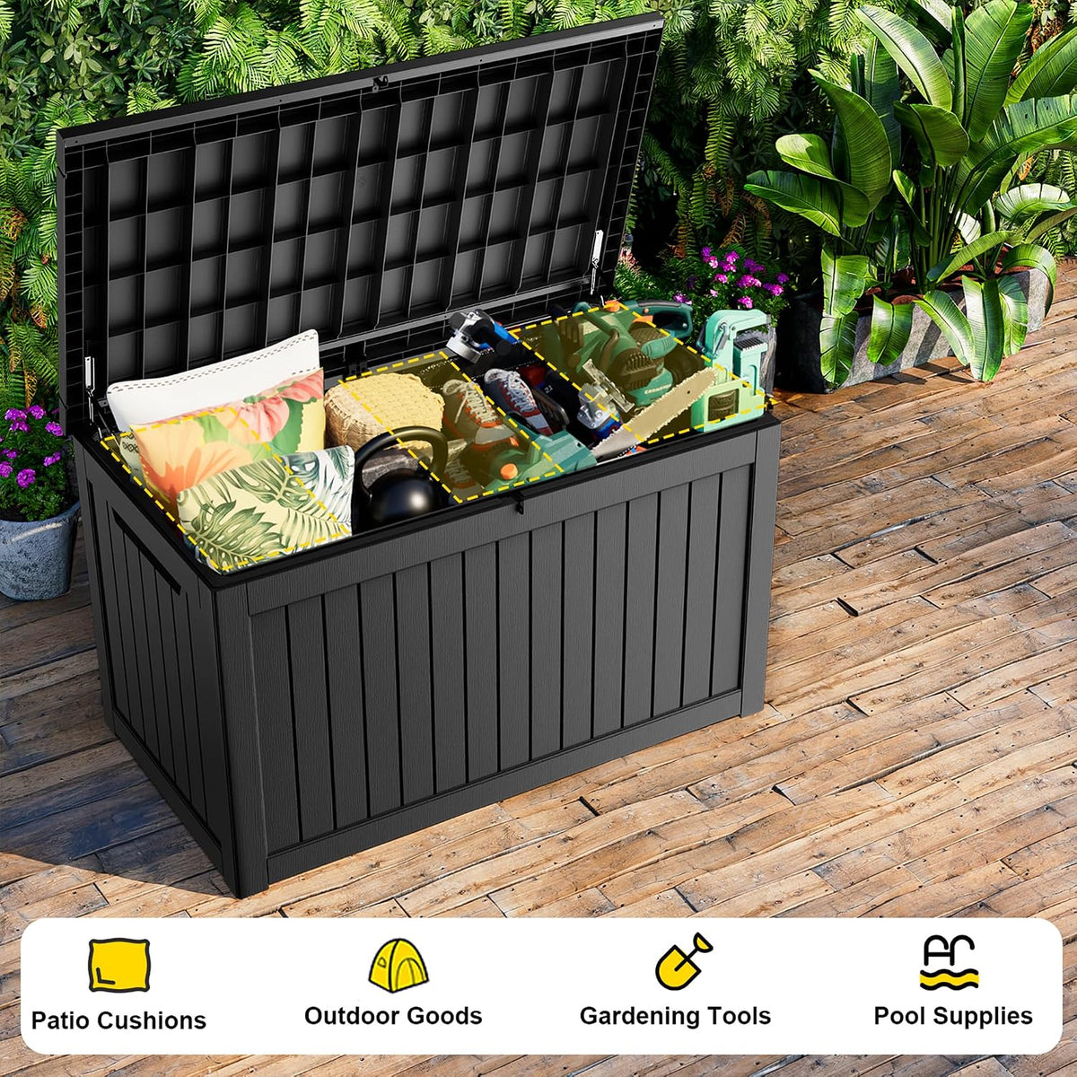 280 gallon outdoor storage box, large resin deck, front angle view