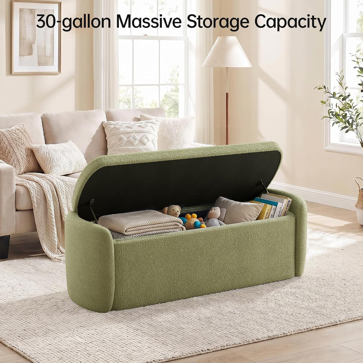 vknow storage bench, upholstered storage ottoman bench, light showing dimensions