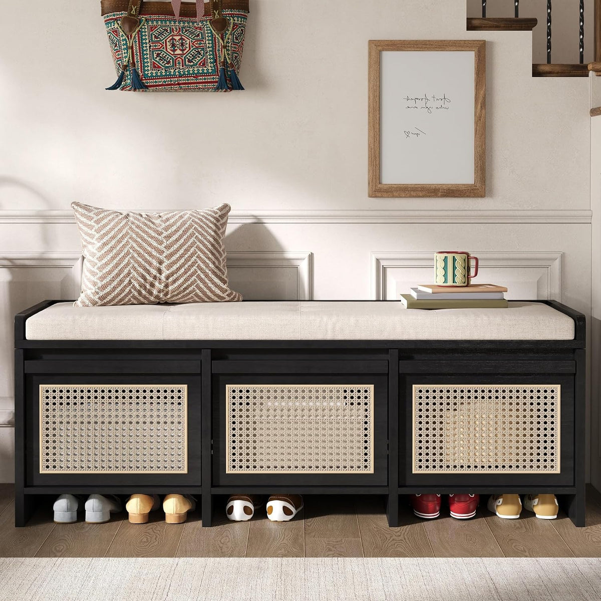 lumisol 48" entryway shoe bench, retro storage bench, close-up detail