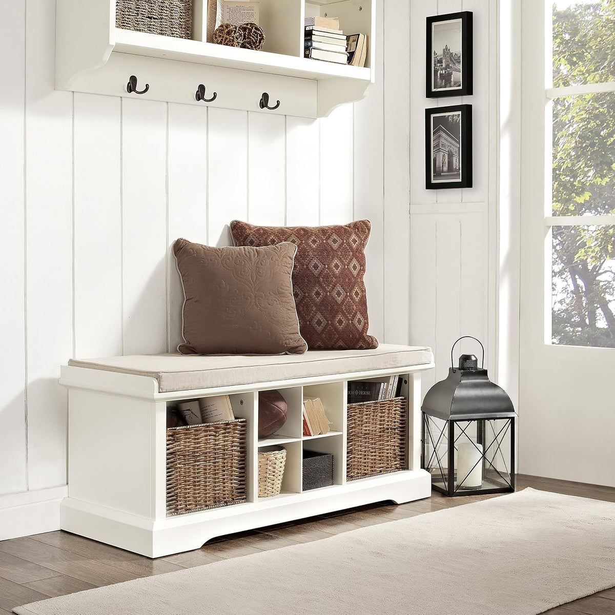 crosley furniture brennan entryway bench, shoe rack shown in use