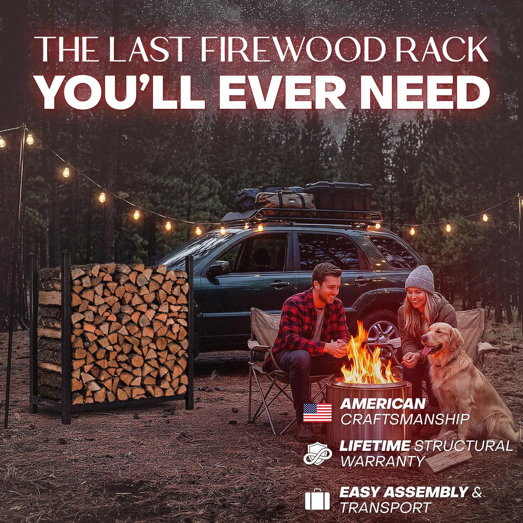 woodhaven 4-foot black raised firewood rack, 1/4 cord, close-up detail