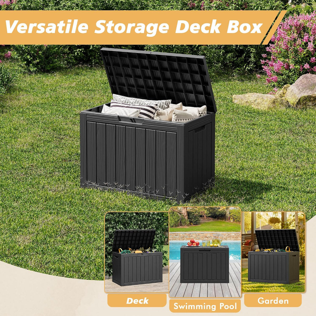 Fancyango 45 Gallon Outdoor Storage Deck Box Waterproof, Black